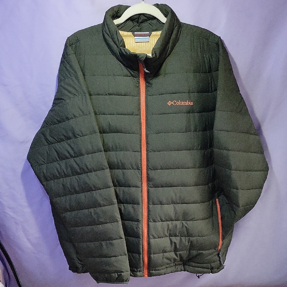 Columbia Men's Dark Green Puffer Jacket with Red Accents